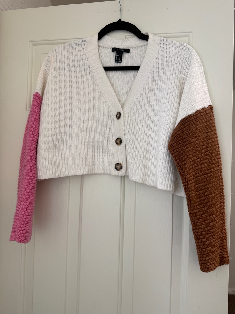 Forever 21 Cropped Colorblock V-Neck Button Sweater - White, Pink & Brown